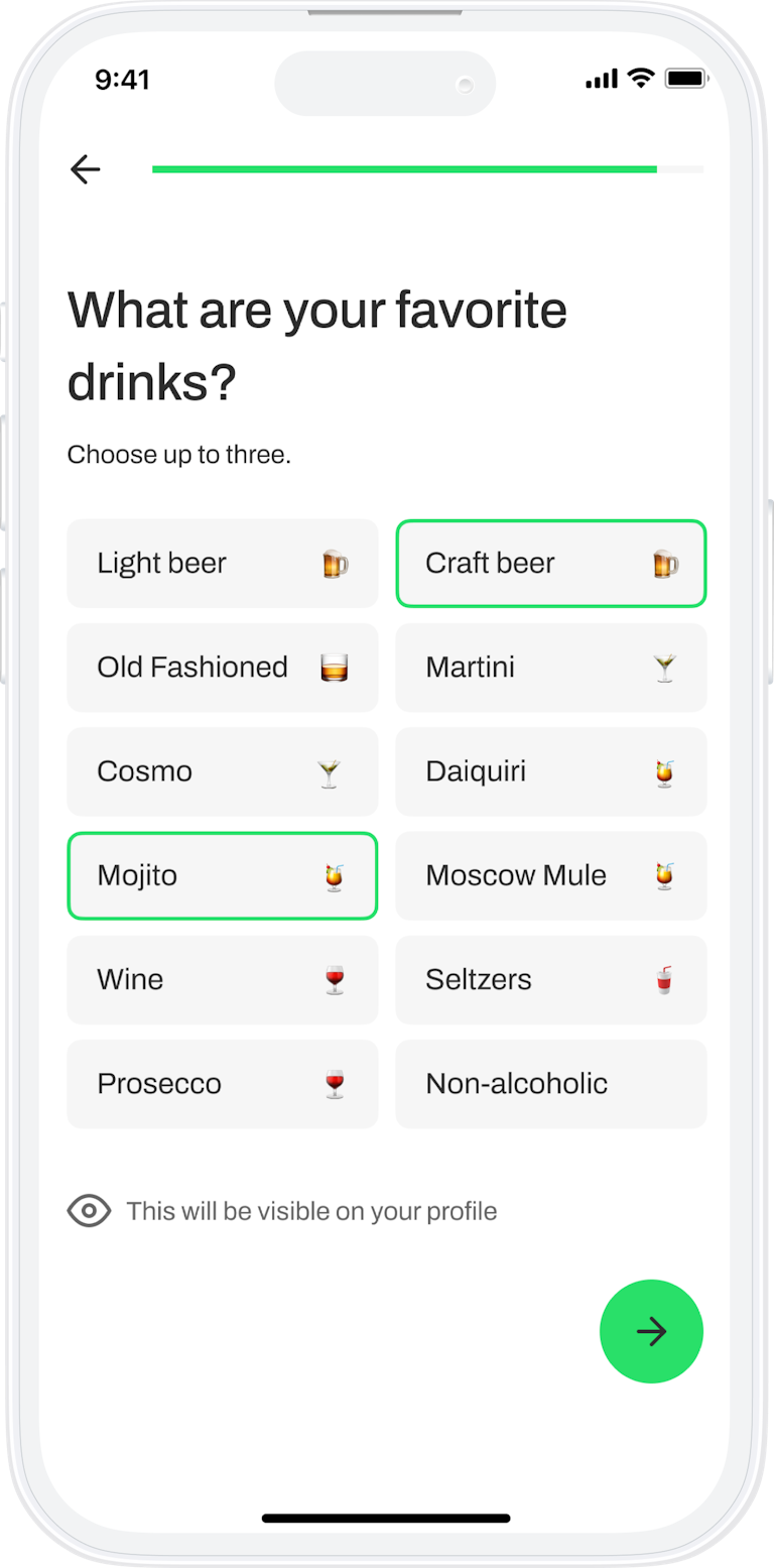 Barglance onboarding - asking for your favorite drinks